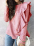 New Pink Ruffle Round Neck Long Sleeve Fashion T-Shirt