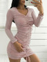 New Pink Pleated Drawstring V-neck Long Sleeve Fashion Mini Dress