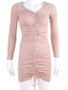 New Pink Pleated Drawstring V-neck Long Sleeve Fashion Mini Dress