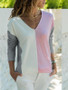 New Pink Patchwork V-neck Long Sleeve Streetwear T-Shirt