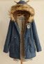 New Navy Blue Pockets Drawstring Faux Fur Hooded Casual Winter Parka Coat
