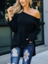 New Black Cut Out Side Slit Round Neck Long Sleeve Casual Sweater
