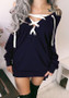 New Dark Blue Drawstring Lace Up Irregular V-neck Long Sleeve Casual Pullover Sweatshirt