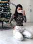 New Brown Leopard Pattern High Neck Long Sleeve Casual Fashion T-Shirt