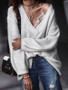 New White One Shoulder V-neck Long Sleeve Casual Pullover Sweater