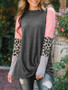 New Grey Pink Leopard Print Round Neck Long Sleeve Casual T-Shirt