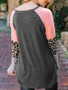 New Grey Pink Leopard Print Round Neck Long Sleeve Casual T-Shirt