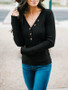 New Black Buttons V-neck Long Sleeve Casual T-Shirt