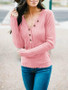 New Pink Buttons V-neck Long Sleeve Casual T-Shirt