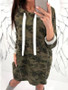 New Green Camouflage Print Drawstring Hooded Long Sleeve Casual Mini Dress