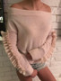 New Pink Ruffle Pearl Off Shoulder Long Sleeve Going out Pullover Sweater