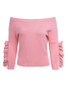 New Pink Ruffle Pearl Off Shoulder Long Sleeve Going out Pullover Sweater