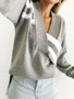 New Grey Striped Print Irregular V-neck Long Sleeve Fashion Pullover Sweater