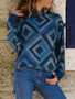 New Blue Patchwork Print High Neck Long Sleeve Casual T-Shirt