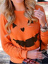 New Orange Pumpkin Print Round Neck Long Sleeve Halloween Casual T-Shirt