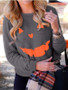 New Grey Pumpkin Print Round Neck Long Sleeve Halloween Casual T-Shirt