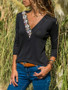 New Black Patchwork Print V-neck Long Sleeve Fashion T-Shirt