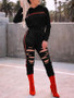 New Black Cut Out Ripped Destroyed Two Piece Hooded Long Sleeve Casual Long Jumpsuit