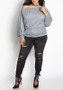 New Grey Asymmetric Shoulder Plus Size Long Sleeve Casual Oversized T-Shirt