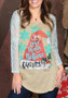 New Khaki Floral Print Round Neck Long Sleeve Casual T-Shirt