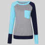 New Light Blue Patchwork Pockets Casual Long Sleeve T-Shirt