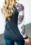 New Black-Grey Floral Draped Round Neck Long Sleeve T-Shirt