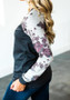 New Black-Grey Floral Draped Round Neck Long Sleeve T-Shirt