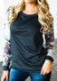 New Black-Grey Floral Draped Round Neck Long Sleeve T-Shirt