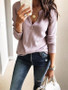 New Pink Cut Out V-neck Long Sleeve Casual T-Shirt