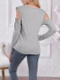 New Grey Patchwork Lace Cut Out Round Neck Long Sleeve Casual T-Shirt