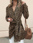 New Khaki Leopard Print Sashes Irregular V-neck Long Sleeve Trench Coat