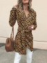 New Yellow Leopard Print Sashes Irregular V-neck Long Sleeve Trench Coat