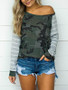 New Green Camouflage Striped One Off Shoulder Long Sleeve Casual T-Shirt
