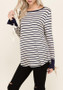 New Dark Blue Striped Print Bow Round Neck Long Sleeve T-Shirt