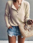 New Khaki Buttons Long Sleeve Casual Going out Sweet T-Shirt