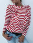 New Red Striped Print Ruffle Long Sleeve Fashion T-Shirt