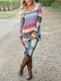 New White Colorful Striped Print Irregular Knot Long Sleeve Casual Comfy T-Shirt