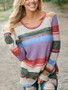 New White Colorful Striped Print Irregular Knot Long Sleeve Casual Comfy T-Shirt