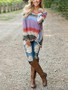 New White Colorful Striped Print Irregular Knot Long Sleeve Casual Comfy T-Shirt