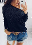 New Black Patchwork Rhinestone Asymmetric Shoulder Long Sleeve Fashion T-Shirt