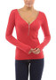 New Watermelon Red Zipper V-neck Long Sleeve Casual Cotton T-Shirt