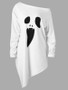 New White Ghost Print One Off Shoulder Irregular Oversize Long Sleeve Hallowmas Casual T-Shirt