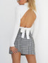 New White Irregular Backless Cut Out Bow Band Collar Long Sleeve Sweet Sweater