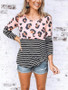 New Black Striped Leopard Print Long Sleeve Casual T-Shirt