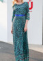 Green Floral Draped Zipper Round Neck Long Sleeve Maxi Dress