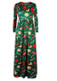 Green Floral Draped Round Neck Long Sleeve Christmas Maxi Dress