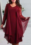 Burgundy Patchwork Lace Irregular Round Neck Long Sleeve Plus Size Midi Dress