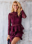 Burgundy High Neck Long Sleeve Layered Cut Out Lace Dress