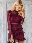 Burgundy High Neck Long Sleeve Layered Cut Out Lace Dress
