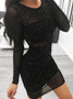 Black Sequin Detail Long Sleeve Mesh Mini Dress